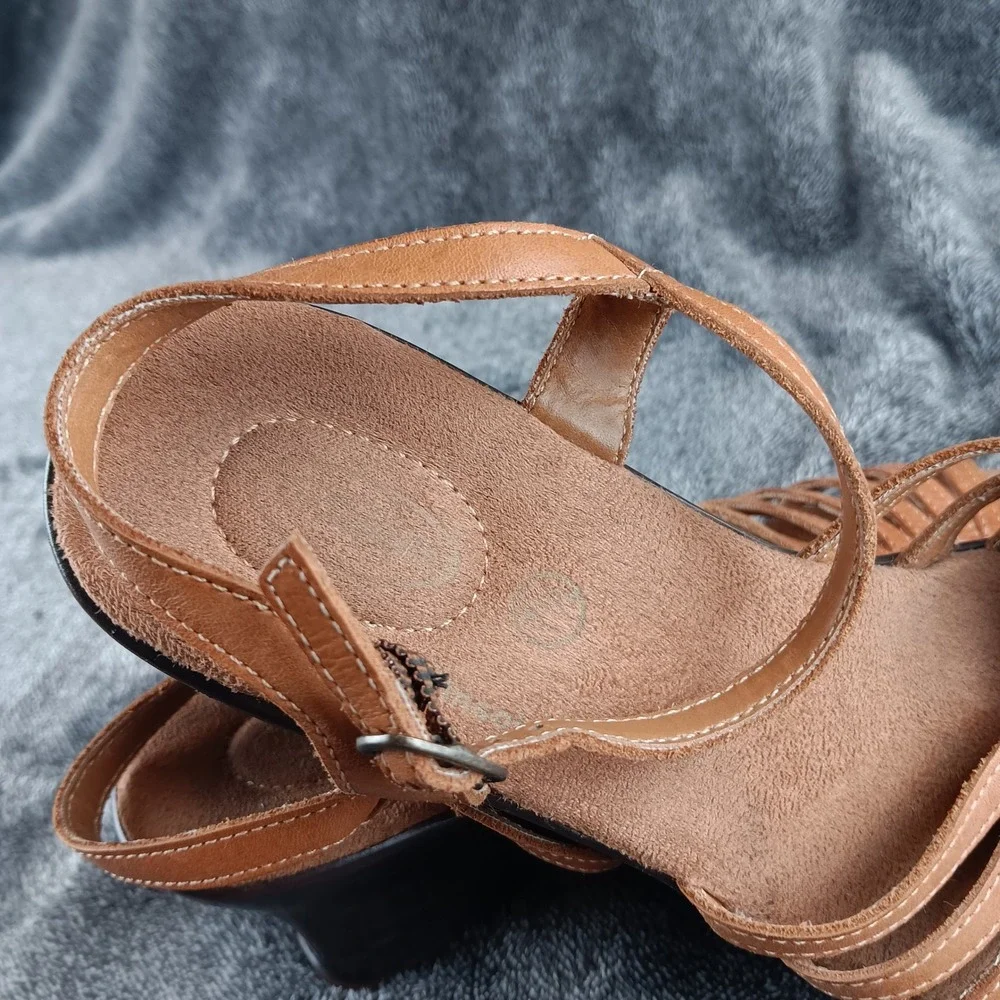 Dr Scholls Womens Tan Leather‎ Wedge Sandals Ankle Strap Comfort Shoes Size 7.5